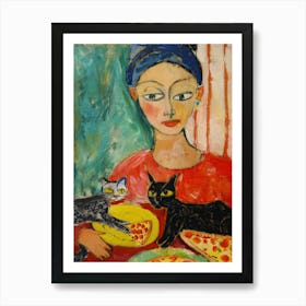 Portrait Of A Girl With Cats Eating Pizzas 2 Art Print