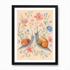 Folksy Floral Animal Drawing Snail Art Print