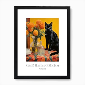 Cats & Flowers Collection Marigold Flower Vase And A Cat, A Painting In The Style Of Matisse 1 Art Print