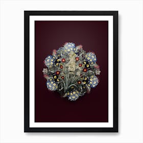 Vintage Snake Plant Flower Wreath on Wine Red Art Print