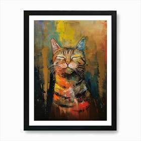 Colorful Cat Portrait , Vibrant Abstract Painting of a Happy Feline Art Print