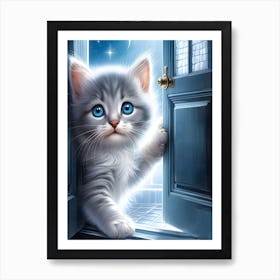 Cute kitten peeping through a door wall art print poster Art Print