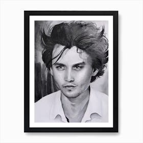 Watercolor portrait of Johnny Depp in black and white Art Print