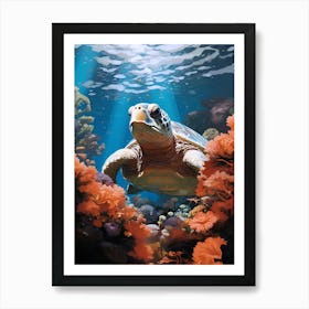 Turtle Amongst The Coral Underwater At Sea 1 Art Print