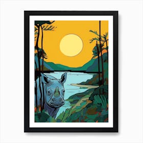 Geometric Rhino Line Illustration By The River 2 Art Print