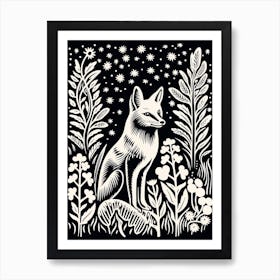 Fox In The Forest Linocut Illustration 10  Art Print