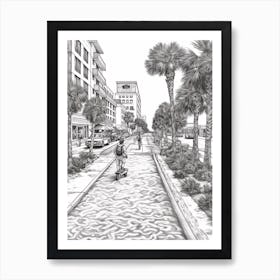 Skateboarding In Clearwater Florida, Usa Line Art Black And White 1 Art Print