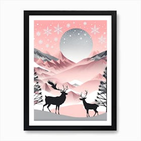 Christmas Tree And Deer, Rein deer, Christmas Tree art, Christmas Tree, Christmas vector art, Vector Art, Christmas art, Christmas, pink and white Art Print