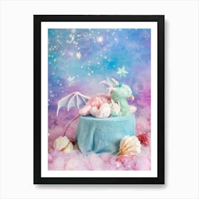 Baby Dragon Sleeping Wings Gently Unfolded Cradled By Its Mother Amidst Clouds Powdered Candy Dus Art Print