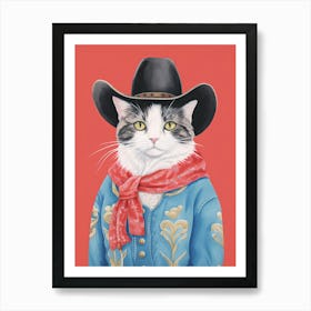 Cowboy Black And White Cat Quirky Western Print Pet Decor 3 Art Print