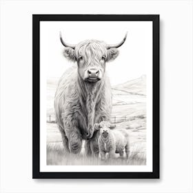 Black & White Illustration Of Highland Cow With Calf 3 Art Print