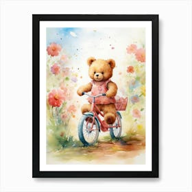 Cycling Teddy Bear Painting Watercolour 4 Art Print