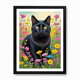 Quirky Cat In A Flower Field Art Print (1) Art Print