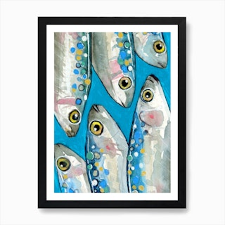 Blue Fish Art Pouch W/ 3 Abstract Sardines Against a Yellow