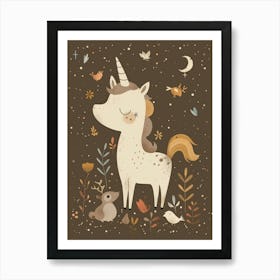 Unicorn In The Meadow With Abstract Woodland Animals 1 Art Print