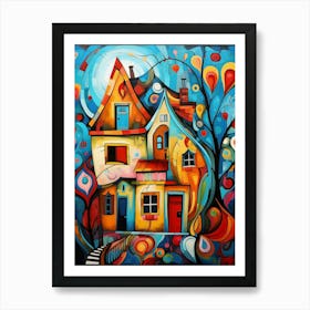 Fairytale House at Night 6, Abstract Vibrant Colorful Cubism Style Art Print