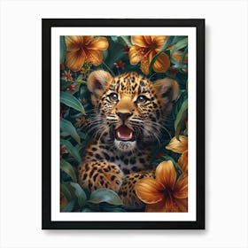 A Happy Front faced Leopard Cub In Tropical Flowers 13 Art Print