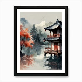 Asian House By The Lake 1 Art Print