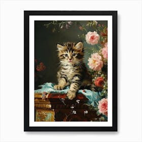 Striped Kitten With Flowers Art Print