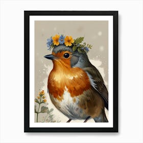 Robin With Flower Crown Style1 Watercolor 1 Art Print