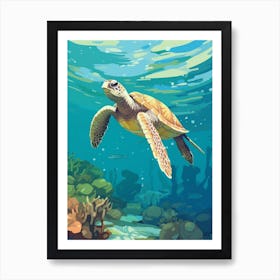 Block Colour Turtle Swimming Aqua 6 Art Print