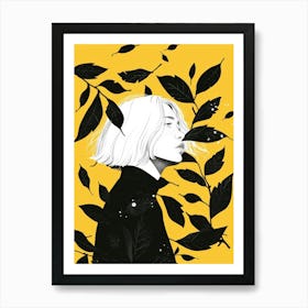 Black And White Girl With Leaves Art Print