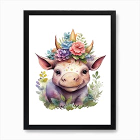 Triceratops With A Crown Of Flowers Cute Dinosaur Watercolour 1 Art Print