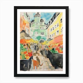 Food Market With Cats In Vienna 3 Watercolour Art Print