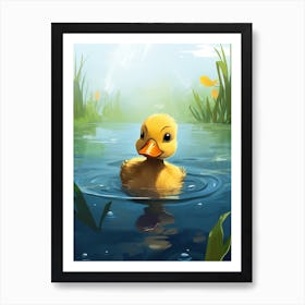 Cute Cartoon Duckling Swimming In The Pond 2 Art Print