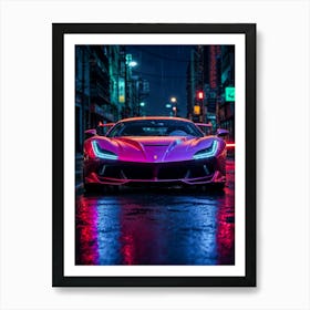 Ferrari F8 in neon, a sports car racing through rain. Futuristic cyberpunk design and timeless automotive beauty. Art Print