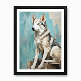 Siberian Husky Dog, Painting In Light Teal And Brown 1 Art Print