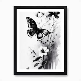 Butterfly And Flowers 1 Symbol Black And White Painting Art Print