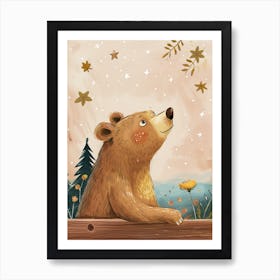 Brown Bear Looking At A Starry Sky Storybook Illustration 4 Art Print