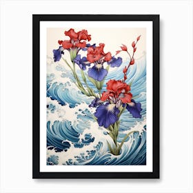 Great Wave With Iris Flower Drawing In The Style Of Ukiyo E 3 Art Print