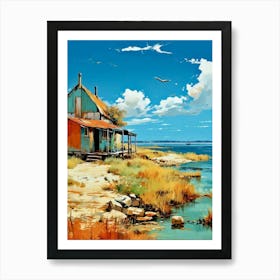 The Old Cabin by the Sea | Turquoise Waters and Blue Sky Rustic Bohemian Slow Living Idyllic Art Print | Landscape Port Harbour Costal Scenery Art Print