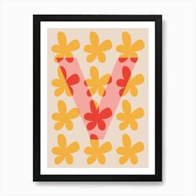 Alphabet Flower Letter V Print - Pink, Yellow, Red Art Print