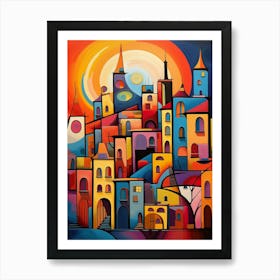 Old Town at Sunrise, Vibrant Colorful Abstract Painting in Cubism Style Art Print