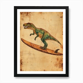 Vintage Allosaurus Dinosaur On A Surf Board 2 Art Print