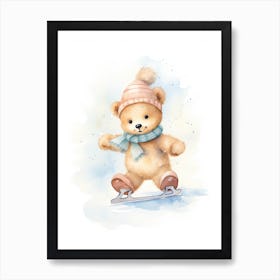 Ice Skating Teddy Bear Painting Watercolour 1 Art Print