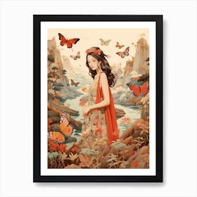 Woman In The Rocky Mountains With Butterflies Japanese Style Painting Art Print