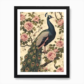 Cream Floral Vintage Peacock Wallpaper Inspired 3 Art Print
