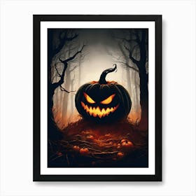 Spooky Pumpkin In Dark Forest, Halloween Night Decor Art Print