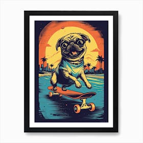 Pug Dog Skateboarding Illustration 4 Art Print