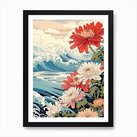 Great Wave With Dahlberg Daisy Flower Drawing In The Style Of Ukiyo E 3 Affiche