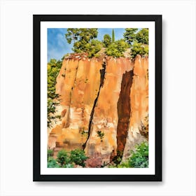 Ochres Land Majestic Cliffside Forest. This image showcases a stunning cliffside landscape adorned with lush green trees. The rocky formations exhibit a range of warm hues, from sandy yellows to deep reds, creating a striking contrast against the vibrant blue sky. The scene captures the beauty of nature's rugged terrain and the resilience of trees growing on steep, rocky surfaces. 1 Art Print