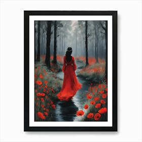 Looking For the Light ~ Lady in Red in the Dark Forest Surrounded by Poppies ~ Symbolism Art, Aesthetic, Dreamy, Gloomy, Beautiful Wall Decor by Sarah Valentine Art Print