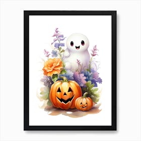 Cute Ghost With Pumpkins Halloween Watercolour 20 Art Print