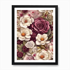 Burgundy Roses, Pink And Ivory Flowers Background Art Print
