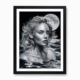 Full Moon In The Water With Woman Portrait Art Print