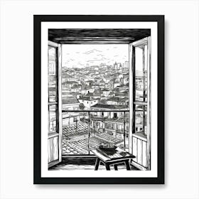 A Window View Of Havana In The Style Of Black And White  Line Art 2 Art Print